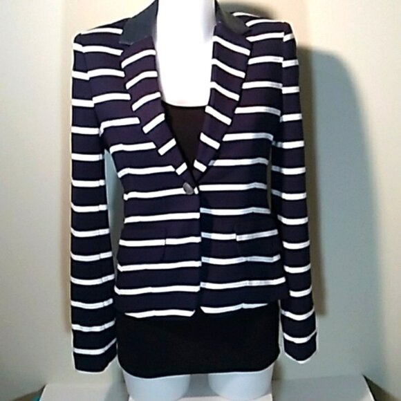 Sharp looking Navy White Blazer with Faux Leather Elbow Patchs and Collar - Picture 1 of 6
